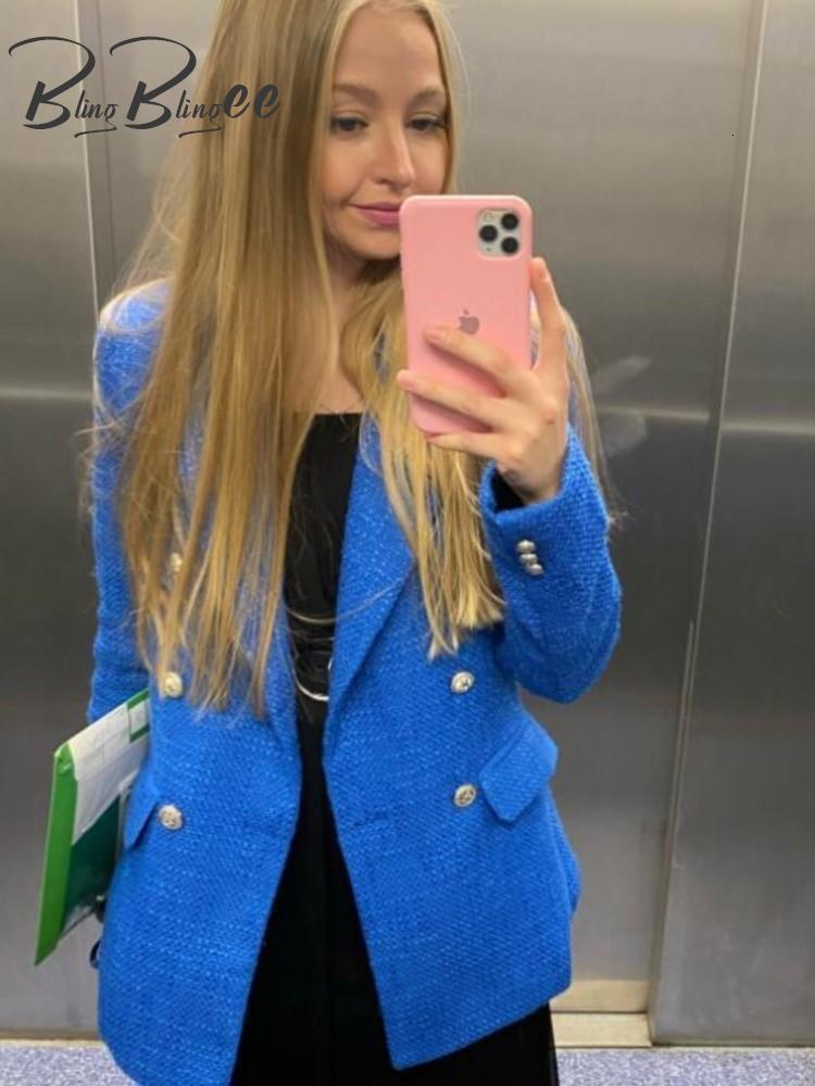 Women's Suits Blazers BlingBlingee Spring Women Traf Jacket Ornate Button Tweed Woolen Coats Female Casual Thick Green Blazers Blue Outerwear 230