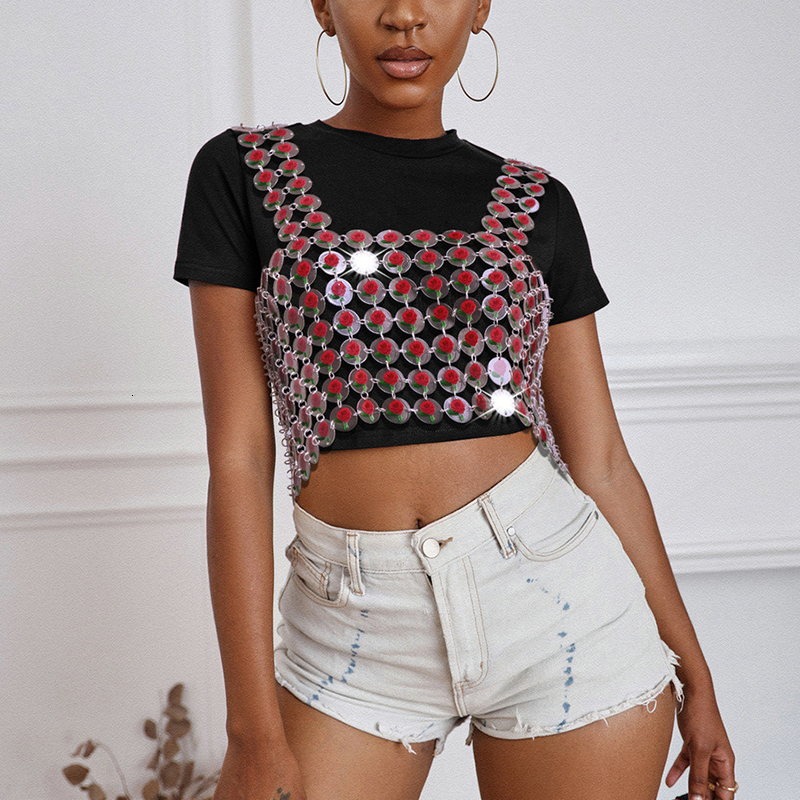 Navel Bell Button Rings Fashion Body Chain Jewelry Girls Red Rose Chain Mail Flower Harness Top Women Daisy Chainmail Top 230130