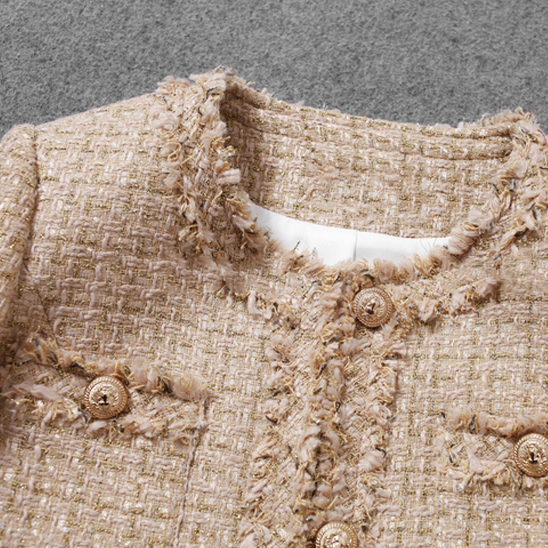 Women's Jackets Khaki tweed jacket female Metal wire fabric temperament of the spring /autumn period and the winter jacket French perfume 230130