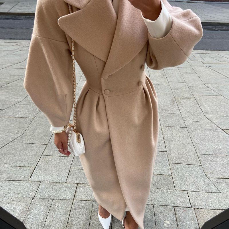 Women's Wool Blends Women Warm Lapel Lantern Sleeve Coat Autumn Double Breasted Elegant Outwear Street Fashion Lady Waisted Woolen Solid Coat Muj