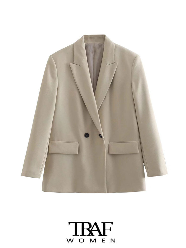 Women's Suits Blazers TRAF Women Fashion Double Breasted Loose Fitting Blazer Coat Vintage Long Sleeve Pockets Female Outerwear Chic Veste Femme 