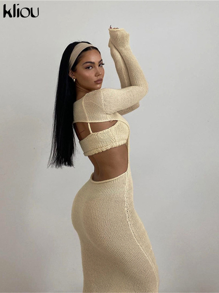 Two Piece Dress Kliou Knitted Two Piece Set Women Skirt Elegant Lined Sleeveless Camisole TopLong Sleeve Backless Female Dress 230130
