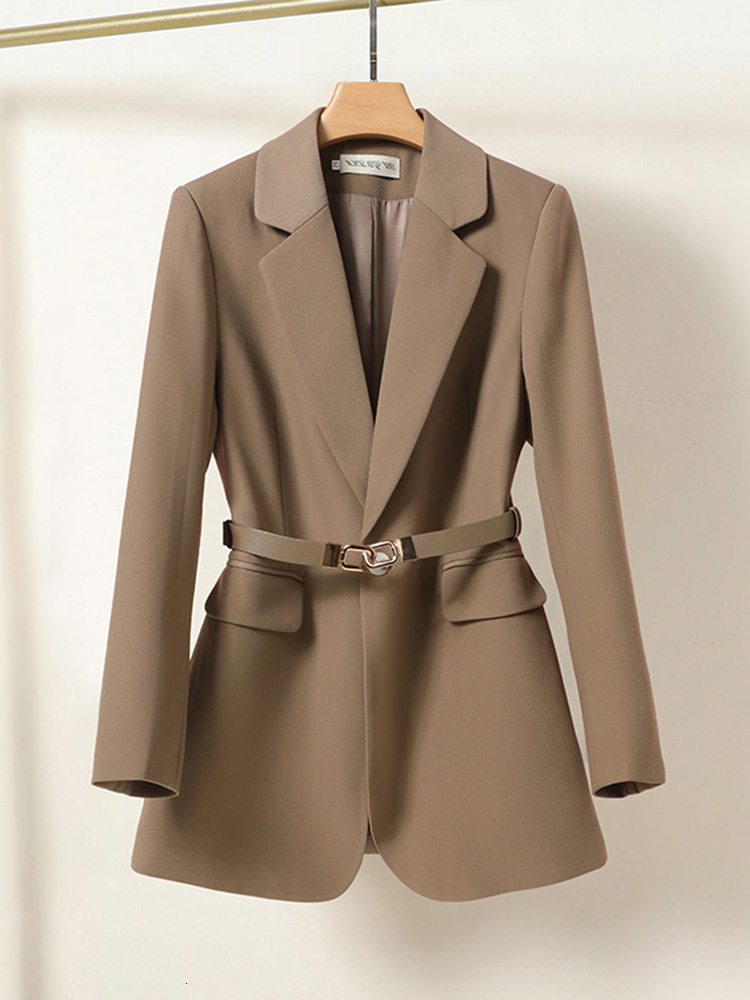 Womens Suits Blazers FTLZZ Spring Autumn Elegant Women Notched Collar Single Breasted Office Lady Long Sleeve Solid Coat with Belt 230130