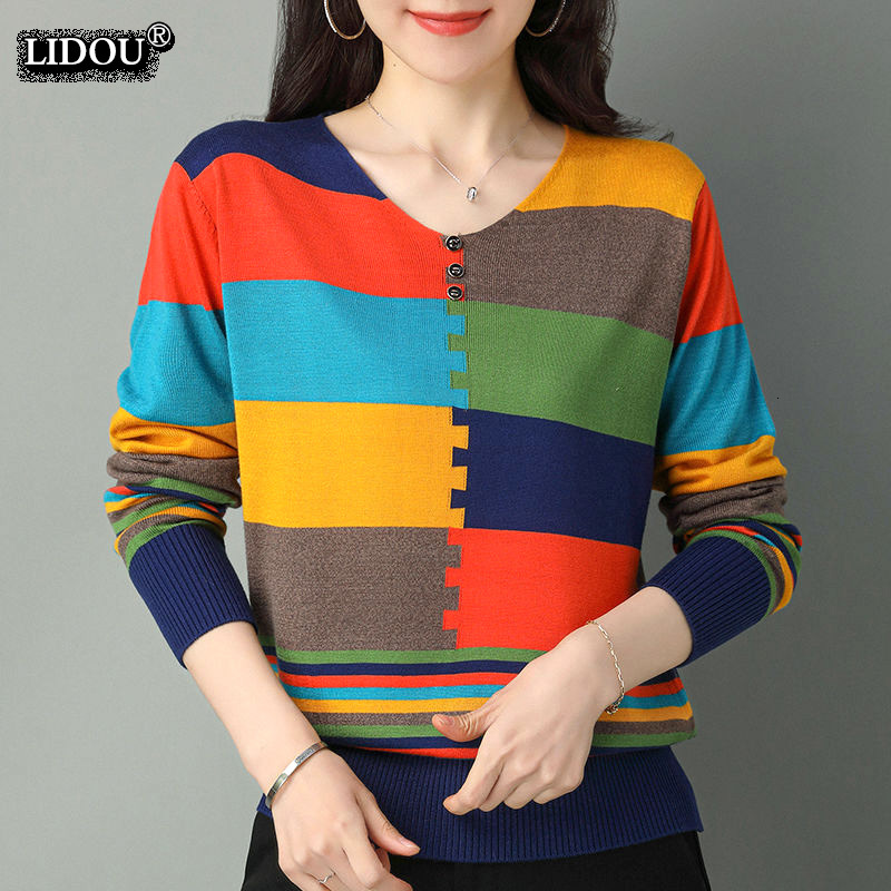 Women's T-Shirt Puzzle Patchwork Print V-neck Long Sleeved Fashion Spring Autumn T-shirts Skinny Causal Top All-match Cotton Women's Clothin