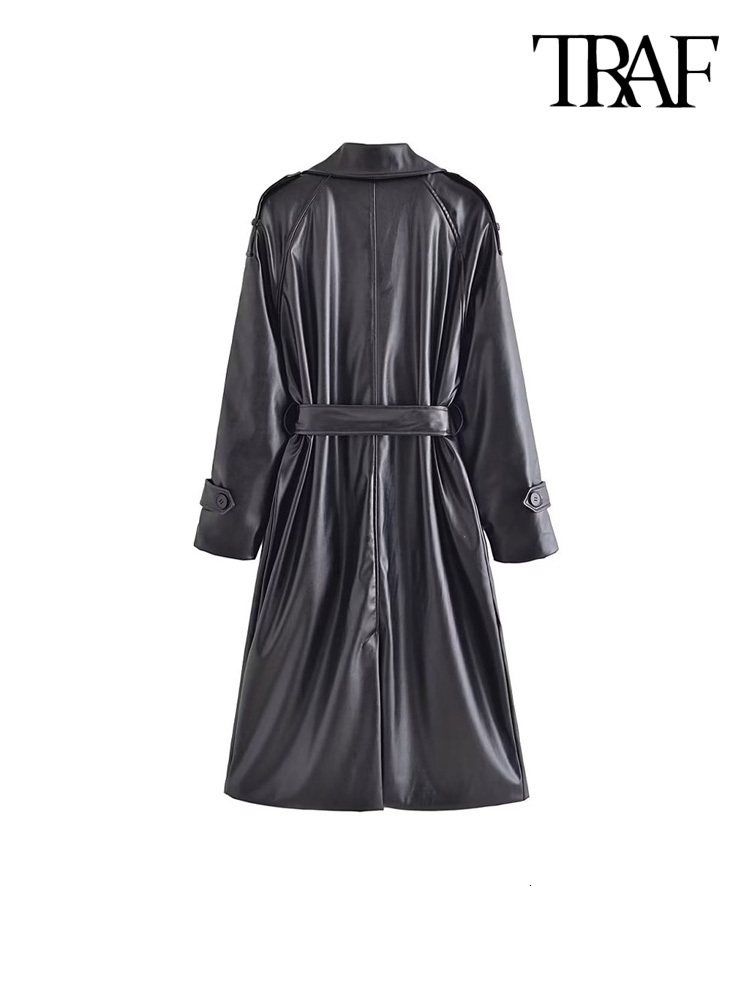 Women's Trench Coats TRAF Women Fashion With Belt Faux Leather Trench Coat Vintage Long Sleeve Flap Pockets Female Outerwear Chic Overcoat 230130