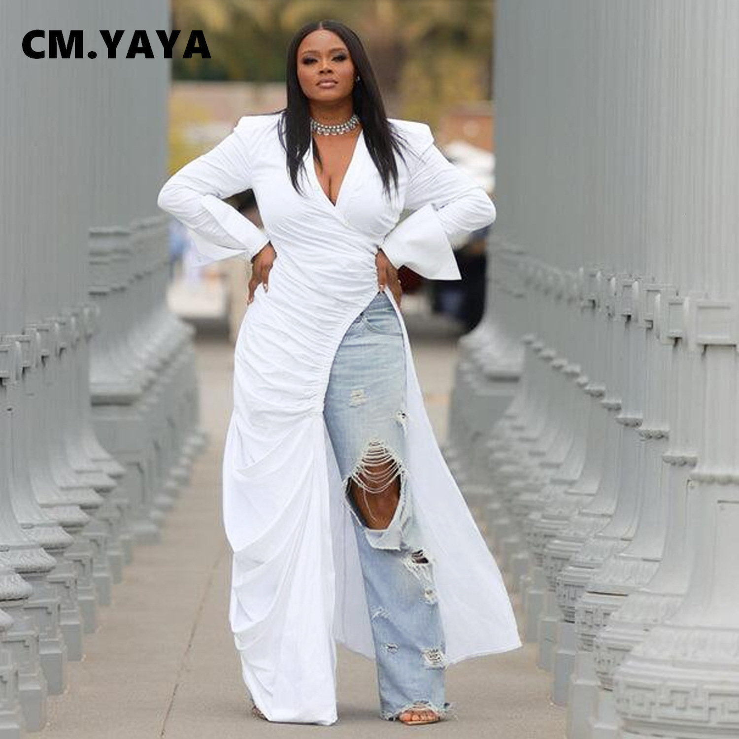 Casual Dresses CMYAYA Vintage Women Long Sleeve High Side Split Ruched Up Wrap Lapel Collar White Maxi Dress Fashion Street 230130