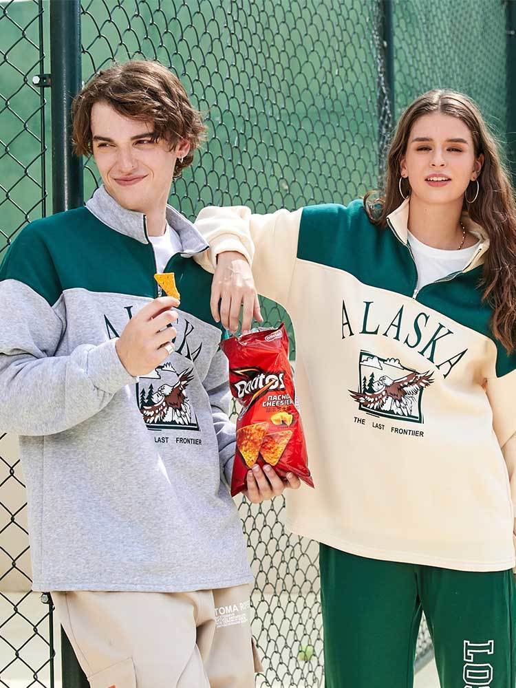 Mens Hoodies Sweatshirts Fleece Hoodie for Men ALASKA Graphic Eagle Printed Sweatshirt Colorblock Vintage Streetwear Pullover Sweats Unisex Style 2301