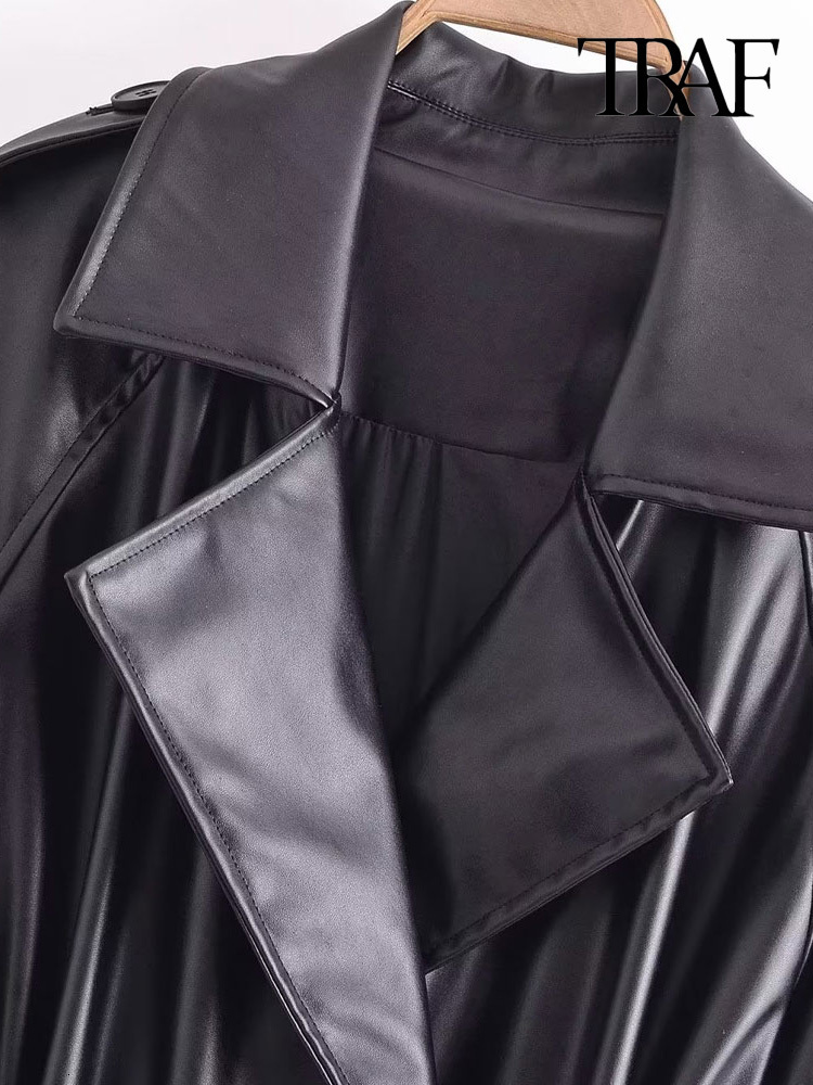 Women's Trench Coats TRAF Women Fashion With Belt Faux Leather Trench Coat Vintage Long Sleeve Flap Pockets Female Outerwear Chic Overcoat 230130