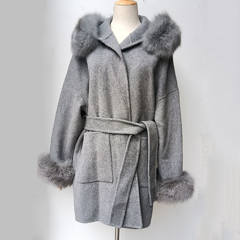 Women's Wool Blends Loose Hooded Wool Blended Autumn Coat Women With Real Fur Hood Trim Women Long Sleeve Female Wool Jacket With Hood With Fur 2