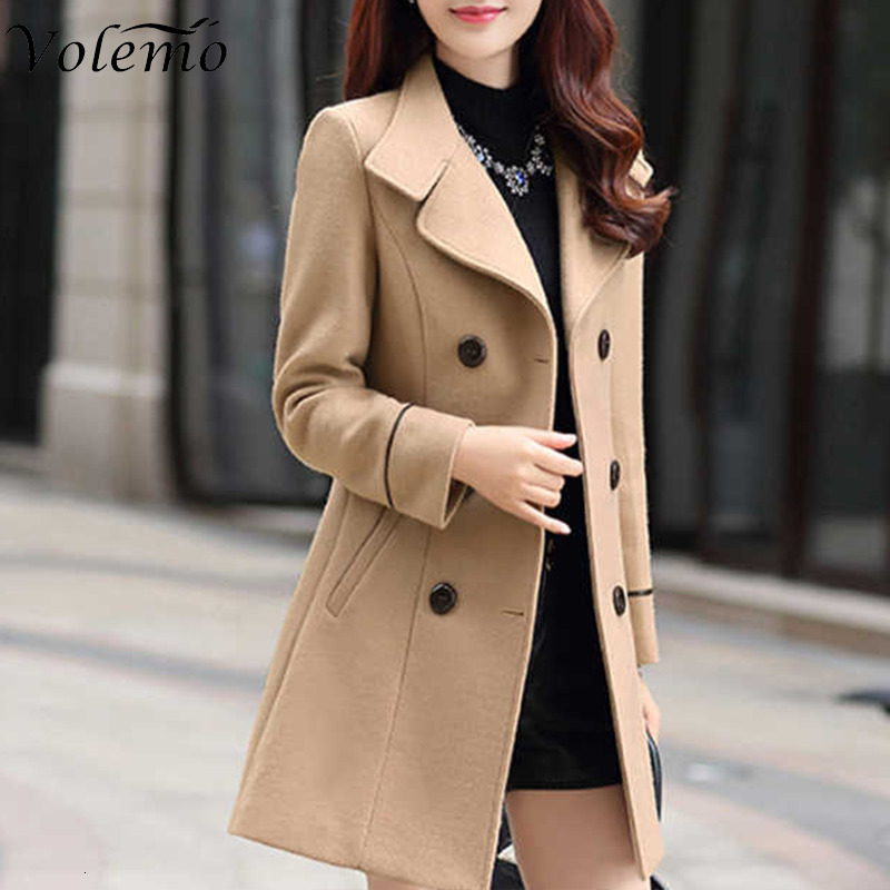 Women's Wool Blends Volemo Plus Size Autumn Winter Jacket Womens Double Breasted Solid Color Coat Korean Slim Female Woolen Jacket Womens Clothing 230130