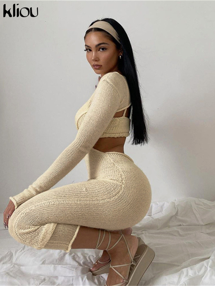 Two Piece Dress Kliou Knitted Two Piece Set Women Skirt Elegant Lined Sleeveless Camisole TopLong Sleeve Backless Female Dress 230130