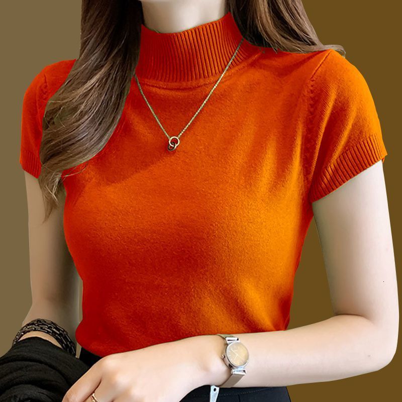 Women's TShirt Fashion Knitt Shortsleeved Tshirt Women Half Turtleneck Stretch Knitted Solid Casual Spring Summer Female Tops 230130
