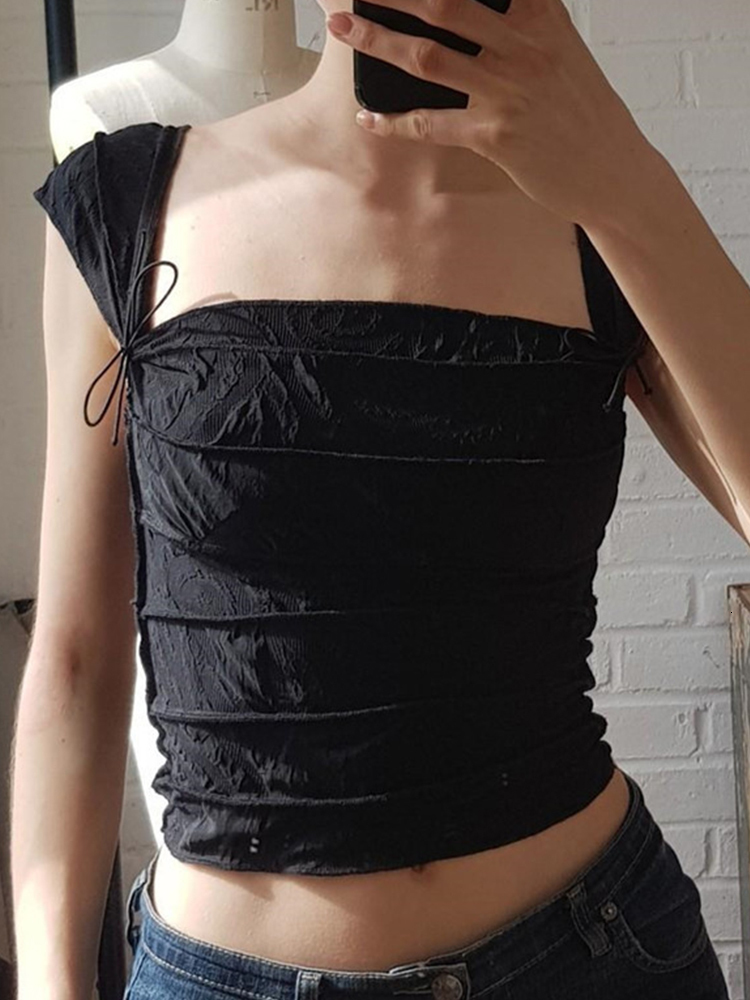 Women's TShirt Rapcopter Y2K Folds Bow Crop Top Cute Square Collar Short Sleeve T Shirt Retro Harajuku Basic French Tee Women Elegant Chic Tops 2