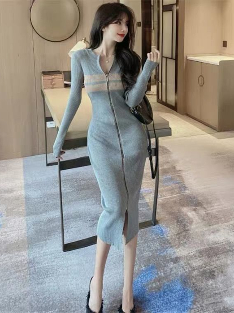 Casual Dresses Woherb Sexy Long Sleeve Knitted Dres Slim Temperament Elegant Elastic Y2k Bodycon Vestido Midi Zipper Korean 230130