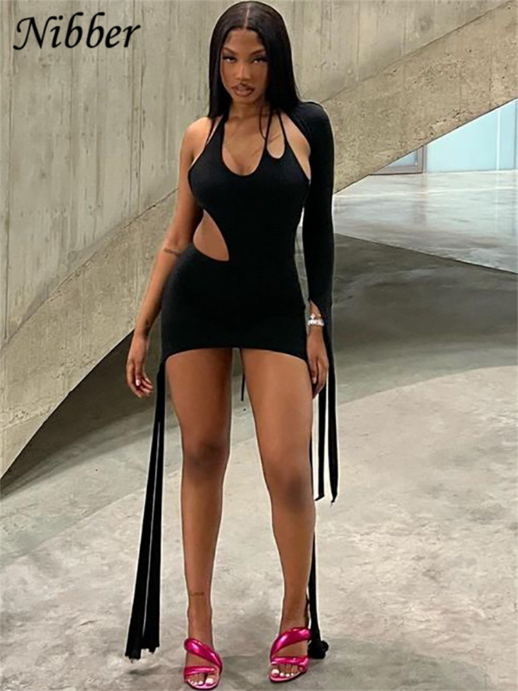 Casual Dresses Nibber Dres Solid Sexy Cutout Sloping Shoulder Fringe One Sleeve Mini Female Midnight Party 230130