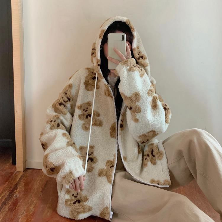 Women's Jackets Harajuku Bear Teddy Print Plush Jacket Women Winter Female Korean Fluffy Hooded Coat Thick Warm Couple Streetwear Outerwear 23013