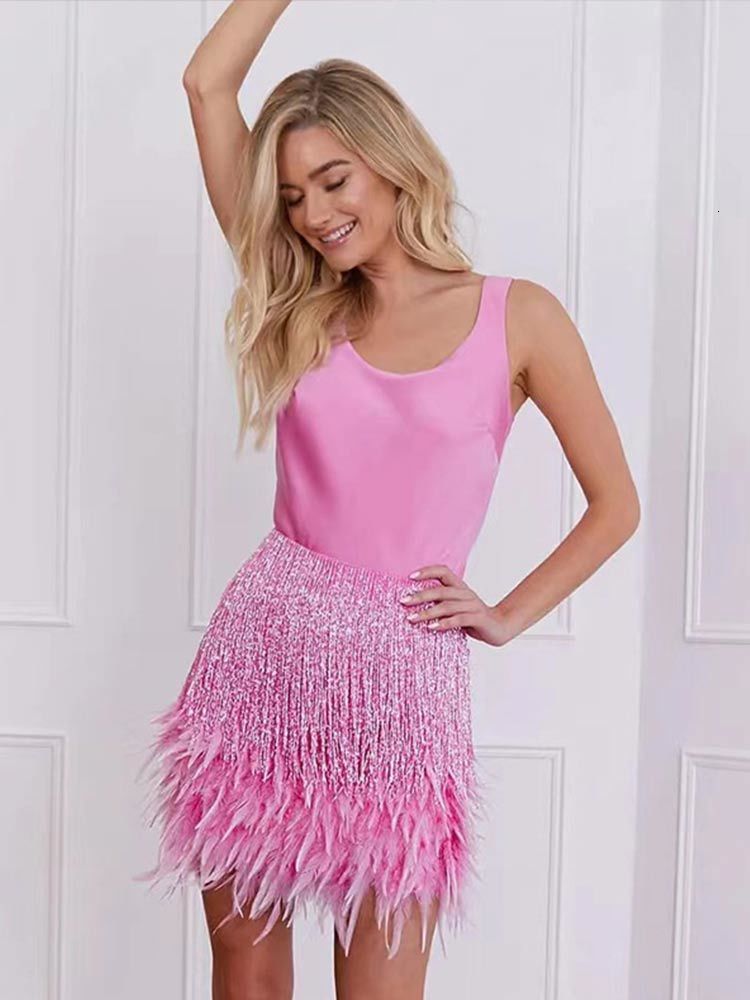 Casual Dresse Sexy Tassel Feather Bodycon Mini Elegant Sleeveless ONeck Tank Party es Summer Female Club Evening 230130