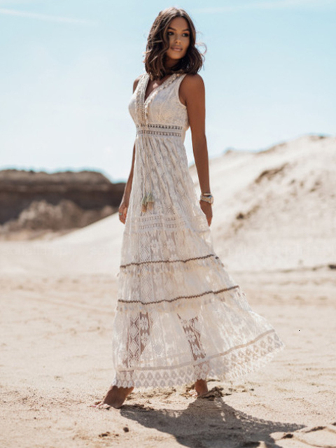 Casual Dresses Lace Dres White Summer Sleeveless Vintage Spaghetti Strap Ladies Hollow Out Beach Long Robe Longue 2023 230130