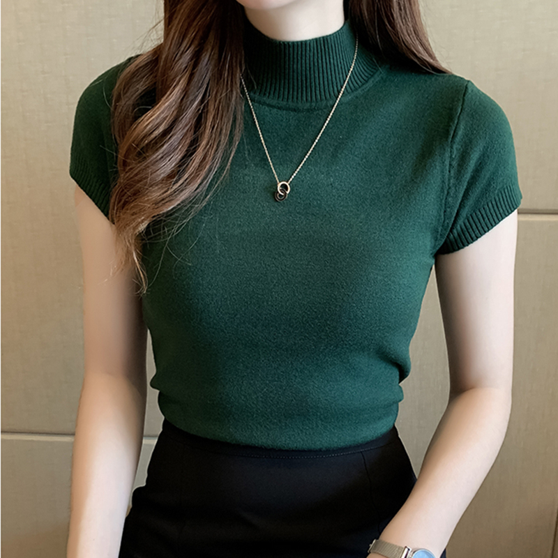 Women's TShirt Fashion Knitt Shortsleeved Tshirt Women Half Turtleneck Stretch Knitted Solid Casual Spring Summer Female Tops 230130