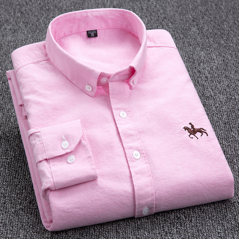Men's Casual Shirts 100% Cotton Oxford Long Sleeve Embroidered Horse Without Pocket Solid Yellow Dress Men Plus Size 5XL6XL 230130