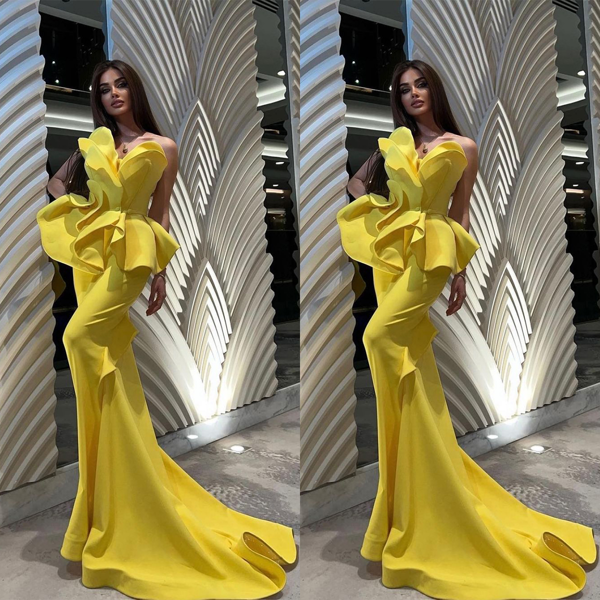 Long Luxury Evening Dresses Satin Mermaid Ruffles V Neck Sleeveless Women Formal Party Prom Gowns
