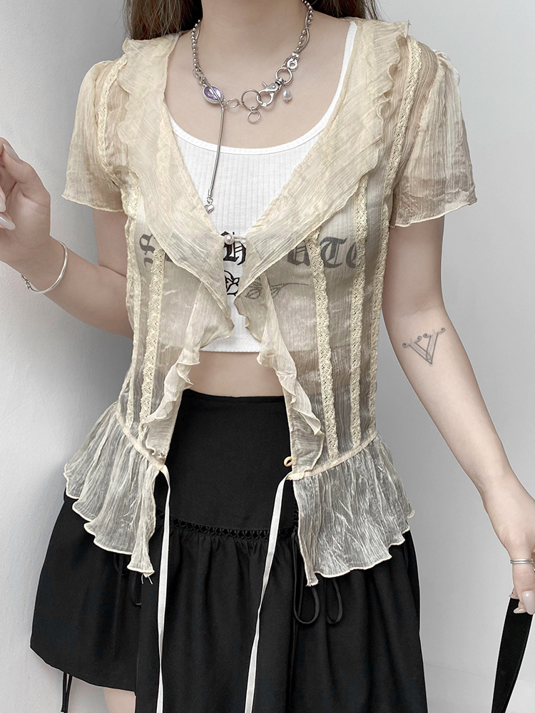 Women's TShirt HEYounGIRL Mesh Transparent Short Sleeve Tshirt Ladies Summer See Through V Neck Ruffles Tee Women Drawstring T 230130