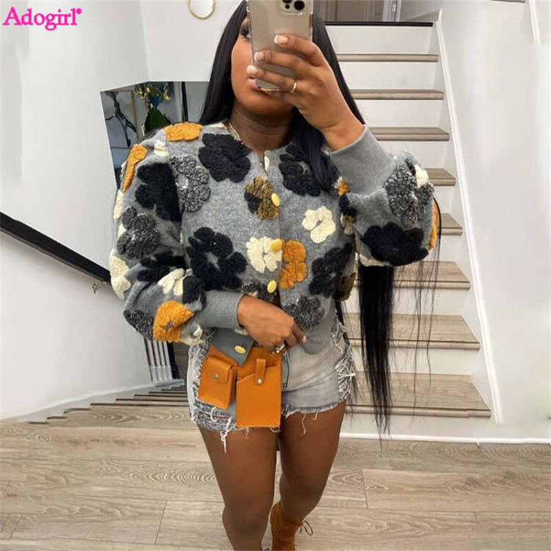 Womens Jackets Adogirl Plush 3D Flowers Vintage Women Fashion Casual Single Breasted Long Sleeve Wool Coat Crop Top Street Outwear 230130