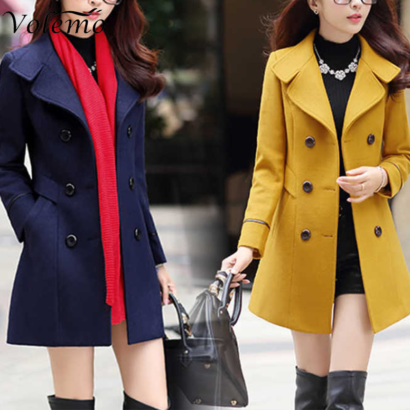 Women's Wool Blends Volemo Plus Size Autumn Winter Jacket Womens Double Breasted Solid Color Coat Korean Slim Female Woolen Jacket Womens Clothin