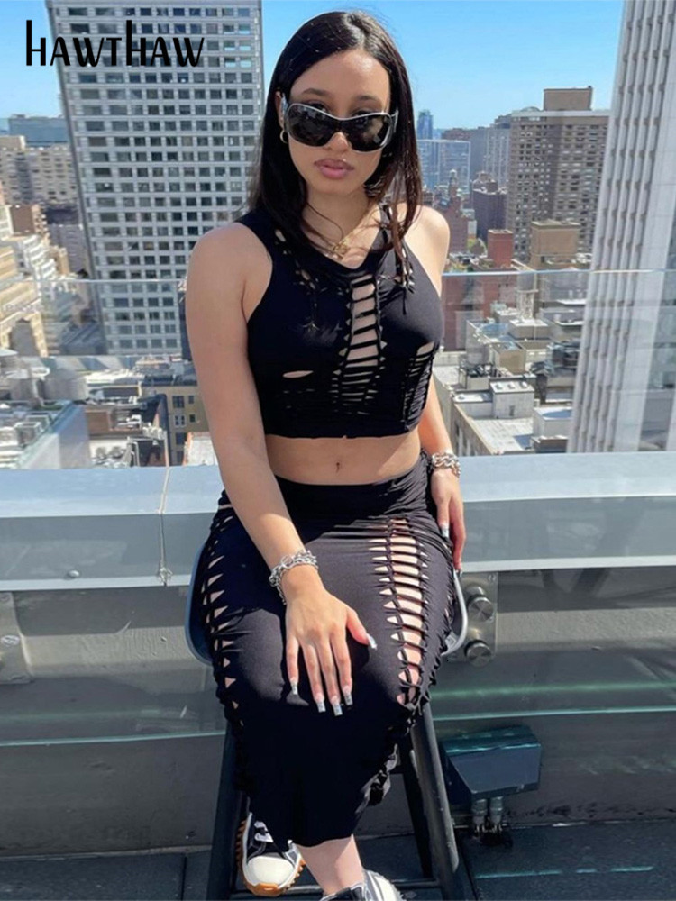 Two Piece Dress Hawthaw Women Fashion Crop Tank Tops Long Skirts Two Piece Matching Sets Outfit Summer Clothes Wholesale Items For Business 230130