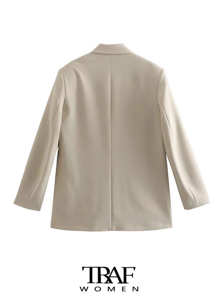 Women's Suits Blazers TRAF Women Fashion Double Breasted Loose Fitting Blazer Coat Vintage Long Sleeve Pockets Female Outerwear Chic Veste Femme 
