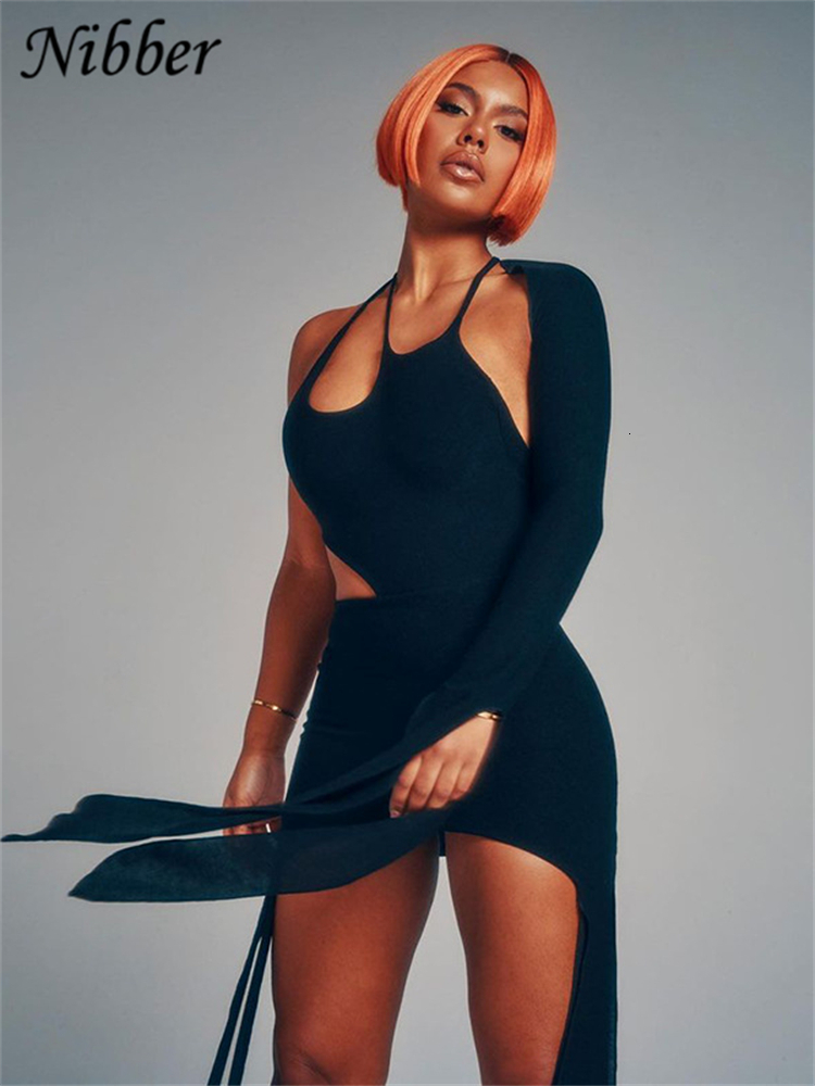 Casual Dresses Nibber Dres Solid Sexy Cutout Sloping Shoulder Fringe One Sleeve Mini Female Midnight Party 230130