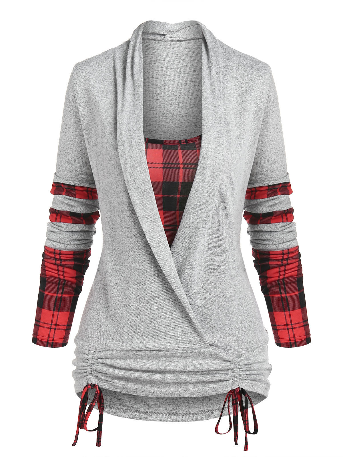 Women's TShirt Plaid Print Cinched Heathered Faux et Tshirt Women 2 In 1 Tee Twofer Long Sleeve T Shirts 230130