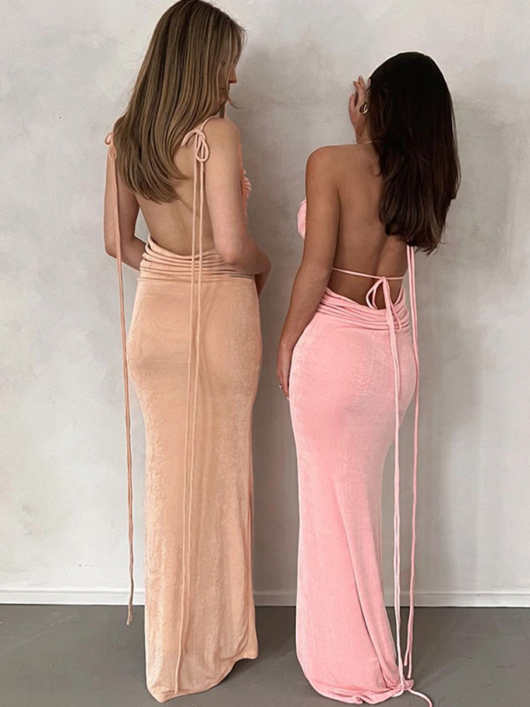 Casual Dresses Elegant Sexy Backless Ruched Maxi Dress for Women Club Outfits 2023 Spring Pink Draped Sleeveless Bodycon Party Long 230130