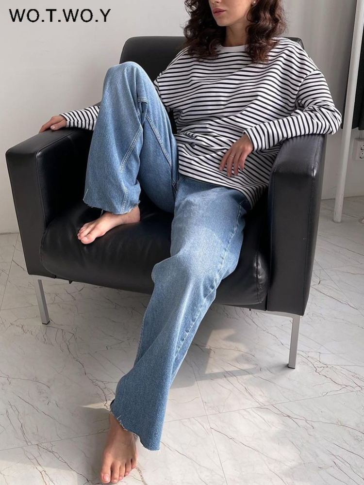 Women's TShirt WOTWOY Early Autumn Long Sleeve Striped Tshirt Women Casual Cotton Loose Basic Tee Shirt Female Cozy Soft Tops Harajuku 230130