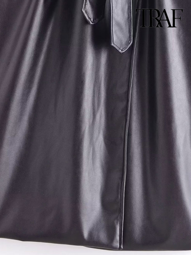 Women's Trench Coats TRAF Women Fashion With Belt Faux Leather Trench Coat Vintage Long Sleeve Flap Pockets Female Outerwear Chic Overcoat 230130