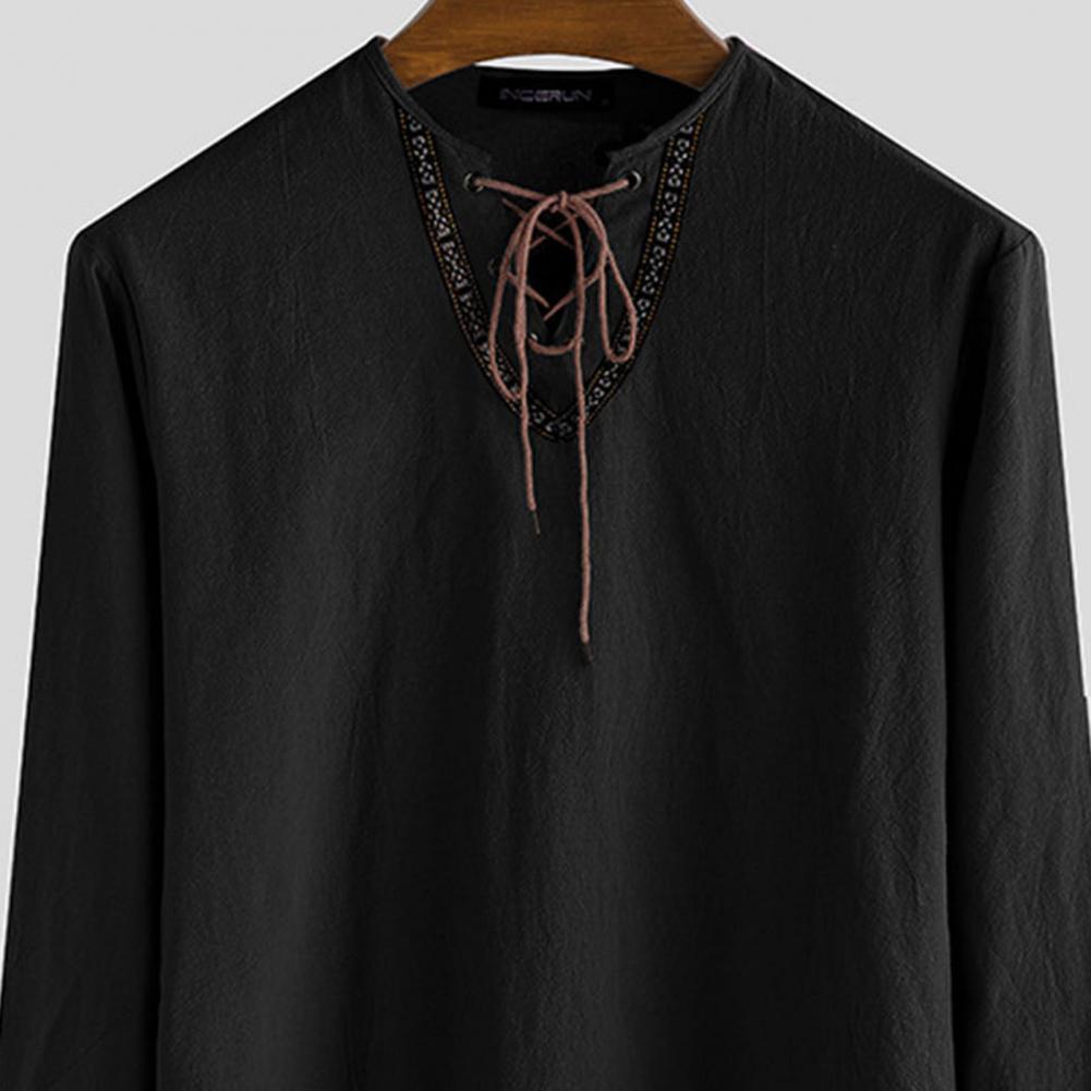 Men's Casual Shirts shirt Pullover Fashion Vintage Thin Long Sleeve Top Breathable Viking Front Lace Up camisas de hombre 230130