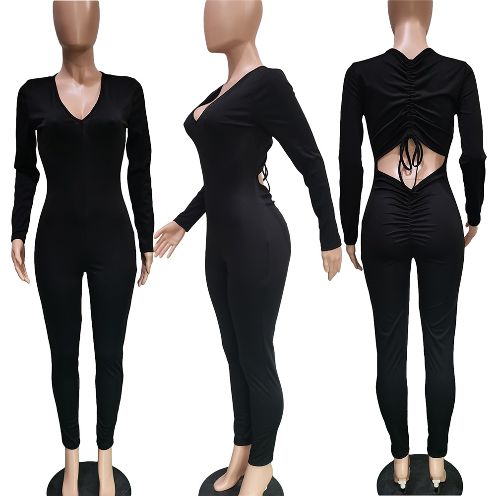2023 Designer Jumpsuits Women Long Sleeve Bodycon Rompers Sexy V neck cut out Jumpsuits Skinny One Piece Outfits Casaul Overalls leggings Streetwear 9