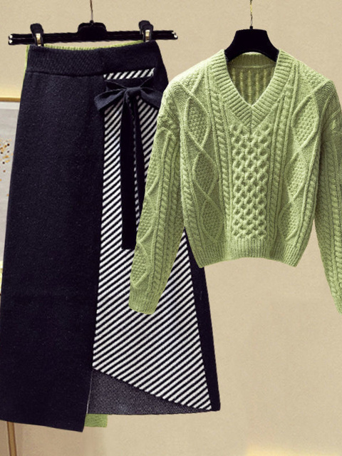 Two Piece Dress Women Autumn Winter Warm Knitted Two Pieces Sets Korean Long Sleeve Pullover Sweater Top And High Waist Skirts Sets 230130