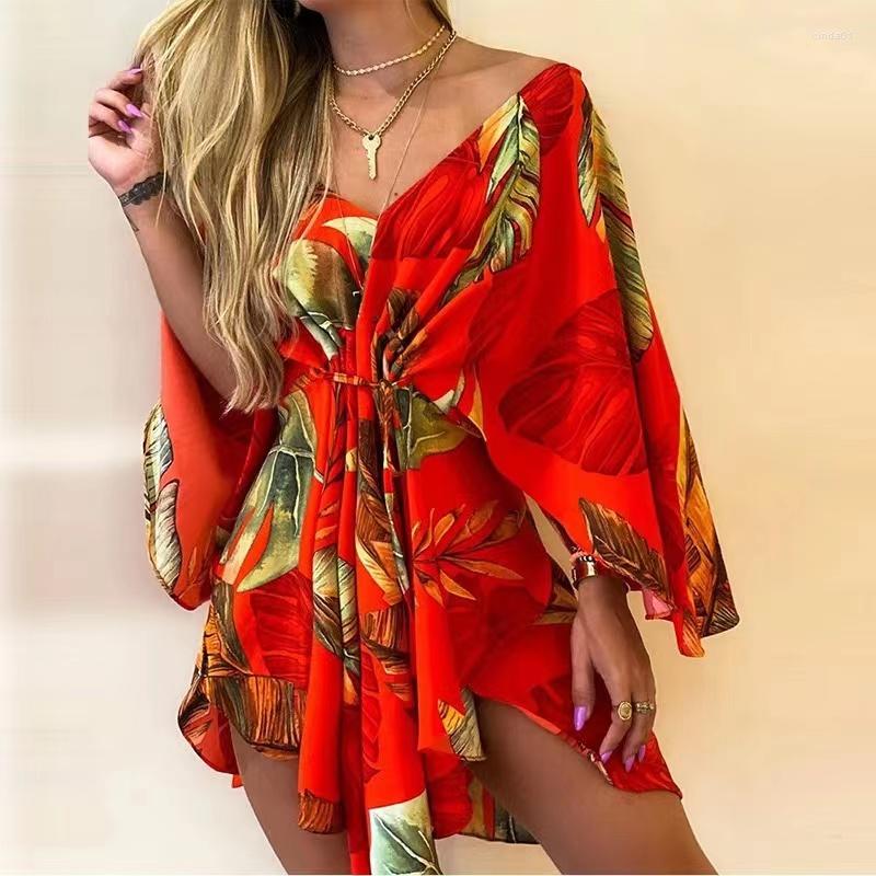 Casual Dresses Women Sexy V Neck Lace-up Floral Print Mini Dress Flared Sleeves Ladies Party Summer Beach Elegant AAA Discount for in-store purchases
