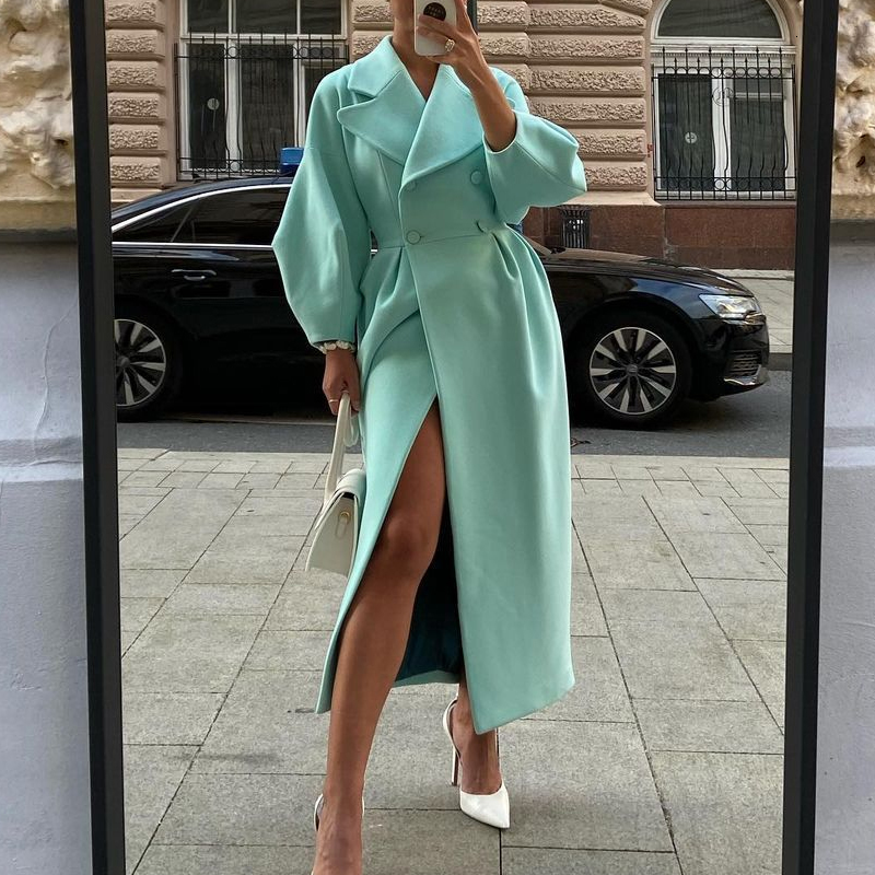 Women's Wool Blends Women Warm Lapel Lantern Sleeve Coat Autumn Double Breasted Elegant Outwear Street Fashion Lady Waisted Woolen Solid Coat Muj