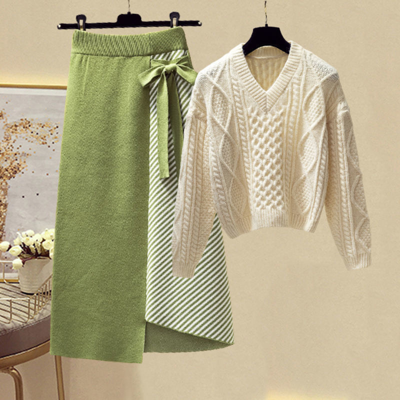 Two Piece Dress Women Autumn Winter Warm Knitted Two Pieces Sets Korean Long Sleeve Pullover Sweater Top And High Waist Skirts Sets 230130