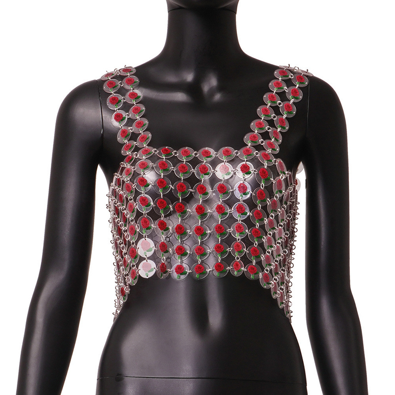 Navel Bell Button Rings Fashion Body Chain Jewelry Girls Red Rose Chain Mail Flower Harness Top Women Daisy Chainmail Top 230130
