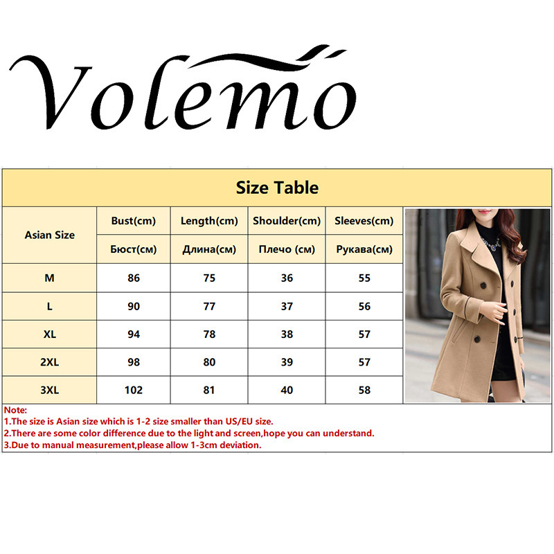 Women's Wool Blends Volemo Plus Size Autumn Winter Jacket Womens Double Breasted Solid Color Coat Korean Slim Female Woolen Jacket Womens Clothin