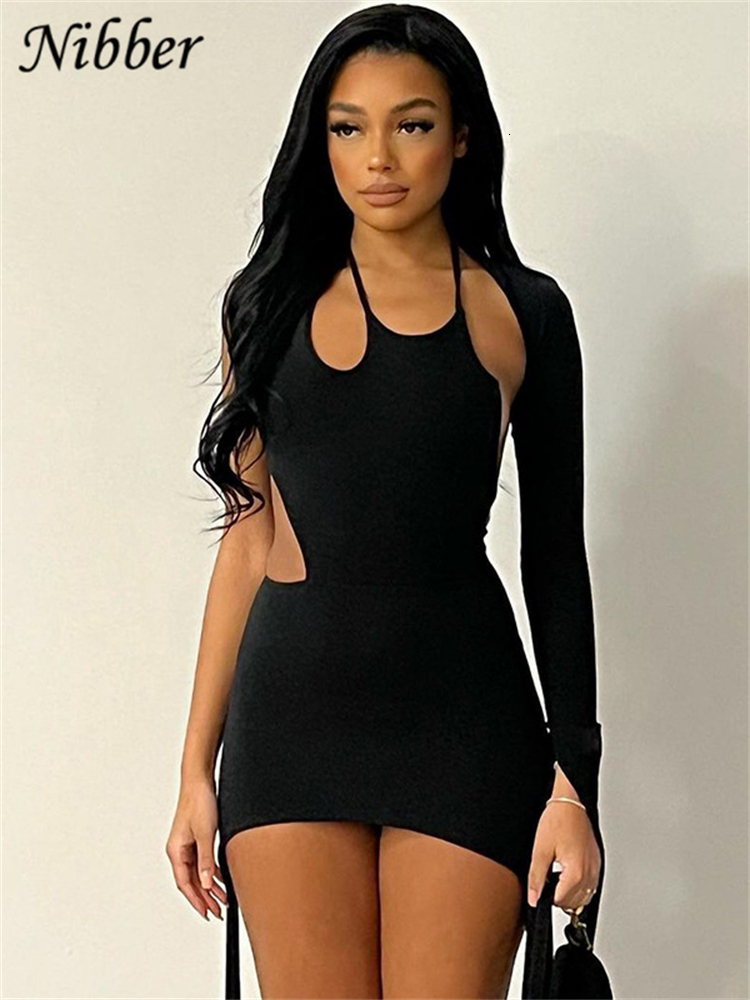Casual Dresses Nibber Dres Solid Sexy Cutout Sloping Shoulder Fringe One Sleeve Mini Female Midnight Party 230130