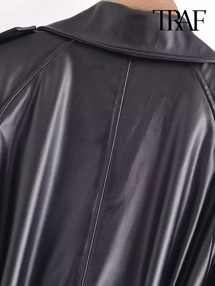 Women's Trench Coats TRAF Women Fashion With Belt Faux Leather Trench Coat Vintage Long Sleeve Flap Pockets Female Outerwear Chic Overcoat 230130