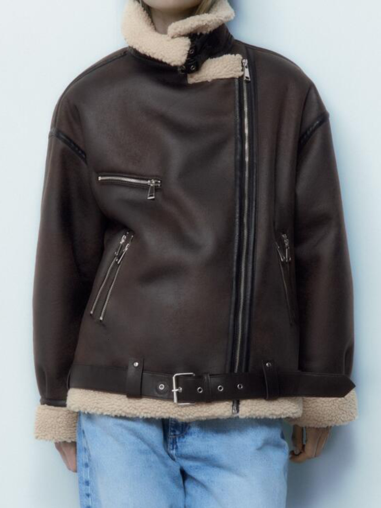 Women's Leather Faux Leather Ailegogo Autumn Winter Women Faux Lamb Fur Thick Warm Jacket with Belt Streetwear Female Zipper Loose Moto Biker Coa