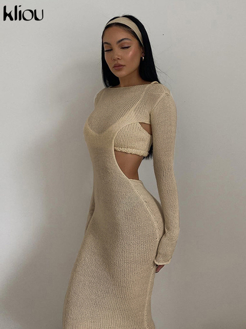 Two Piece Dress Kliou Knitted Two Piece Set Women Skirt Elegant Lined Sleeveless Camisole TopLong Sleeve Backless Female Dress 230130