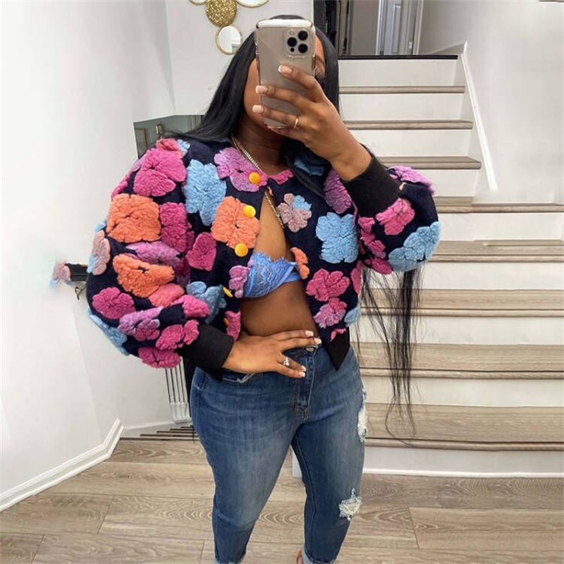 Womens Jackets Adogirl Plush 3D Flowers Vintage Women Fashion Casual Single Breasted Long Sleeve Wool Coat Crop Top Street Outwear 230130
