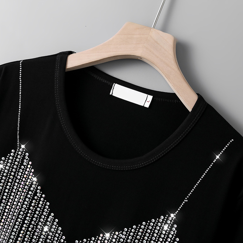 Women's TShirt Summer Fashion shortsleeve Tshirts female personality Sling pattern diamonds Loose High quality Round neck women tops 230130