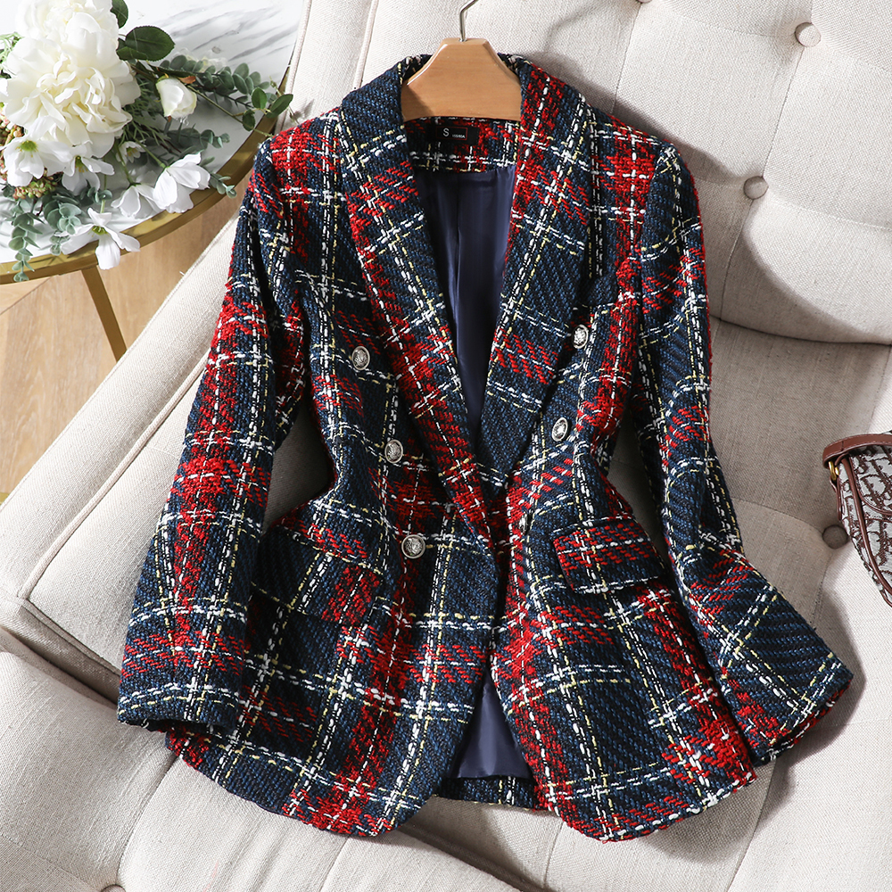 Womens Suits Blazers High Quality Thick Winter Blazer Women Fashion Ladies Red Blue Plaid Coat Female Slim Casual Single Breasted Jacket 230130